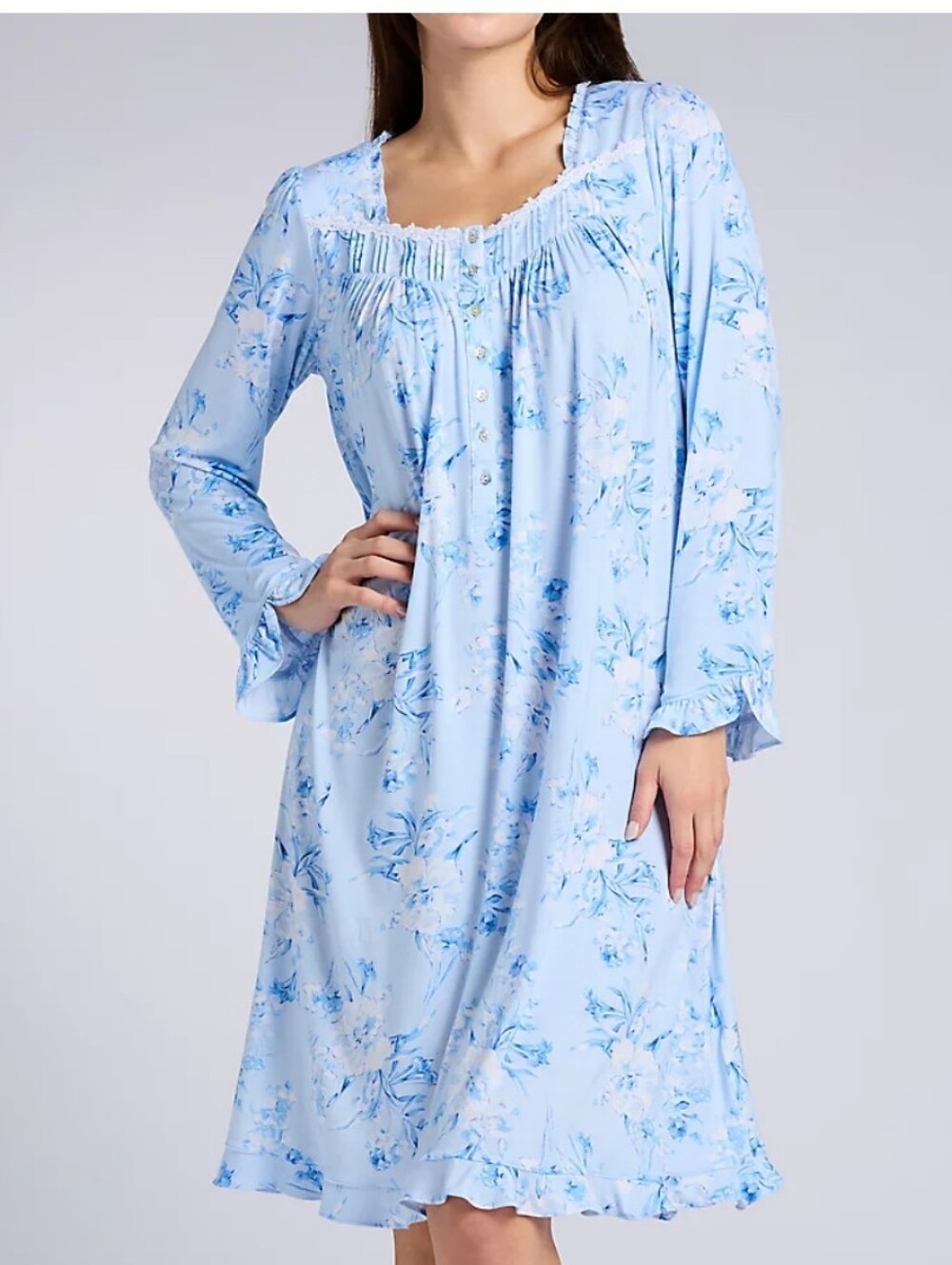 Eileen West Blue Model Long Sleeve Lovely Floral Nightgown In Large